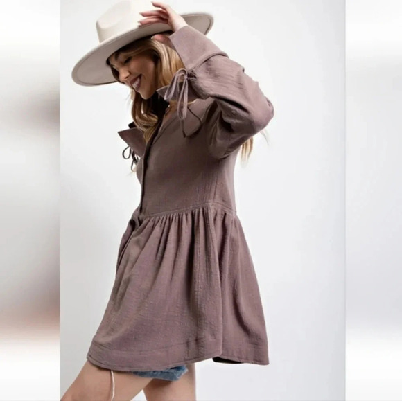 New! Easel Mocha Button Down Long Sleeve Cotton Tunic Top - Picture 4 of 6